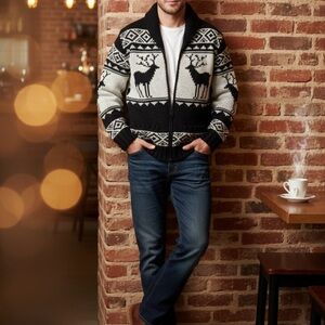 Elegant unisex Black and White Reindeer Zip-Up Jacket
